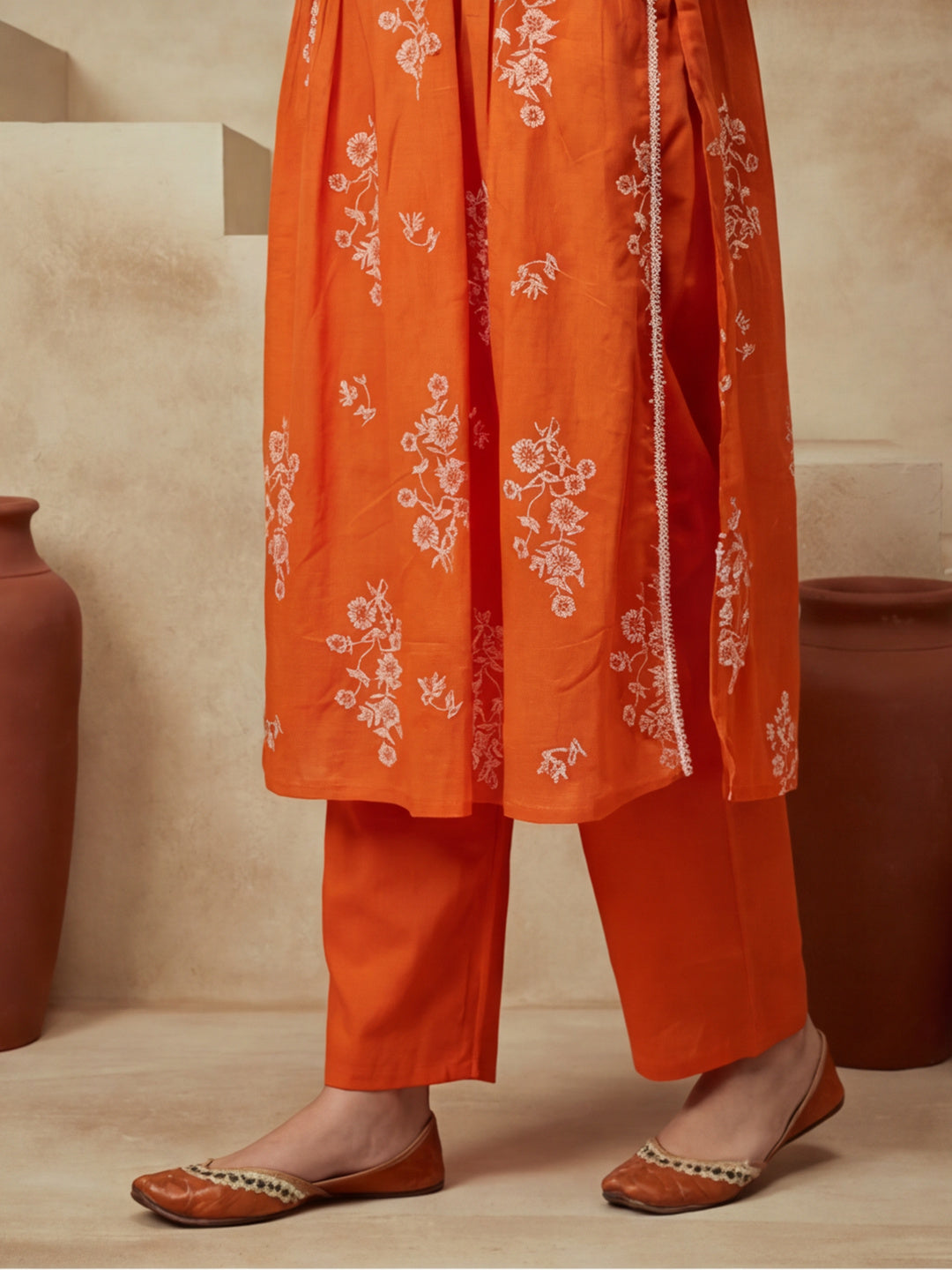 Embroidered V-Neck Kurta & Trousers With Dupatta
