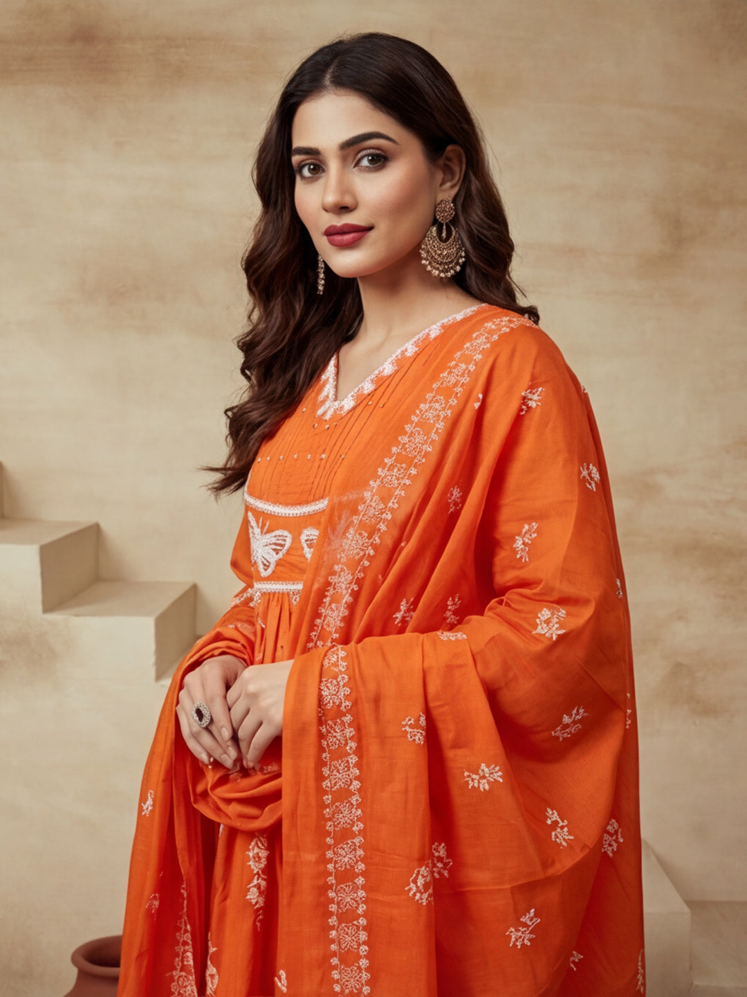 Embroidered V-Neck Kurta & Trousers With Dupatta