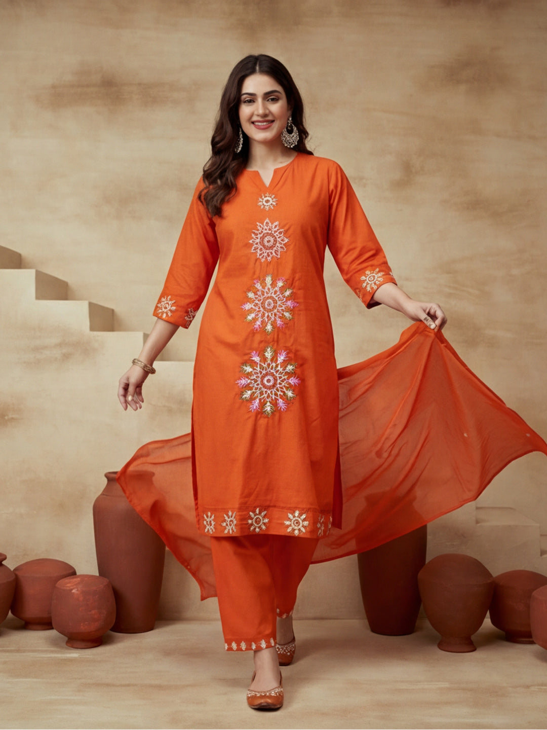 Embroidered Cotton Blend V-Neck Kurta & Trousers With Dupatta