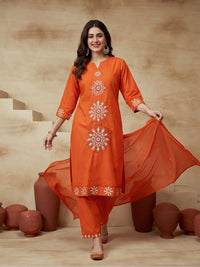 Embroidered Cotton Blend V-Neck Kurta & Trousers With Dupatta