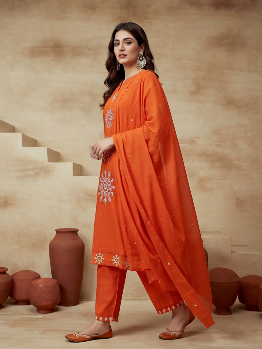 Embroidered Cotton Blend V-Neck Kurta & Trousers With Dupatta