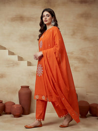 Embroidered Cotton Blend V-Neck Kurta & Trousers With Dupatta