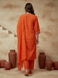 Embroidered Cotton Blend V-Neck Kurta & Trousers With Dupatta