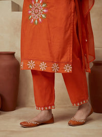 Embroidered Cotton Blend V-Neck Kurta & Trousers With Dupatta