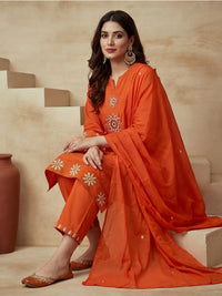 Embroidered Cotton Blend V-Neck Kurta & Trousers With Dupatta