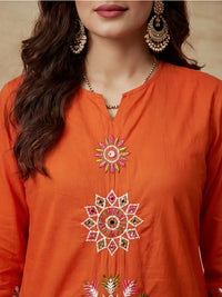 Embroidered Cotton Blend V-Neck Kurta & Trousers With Dupatta