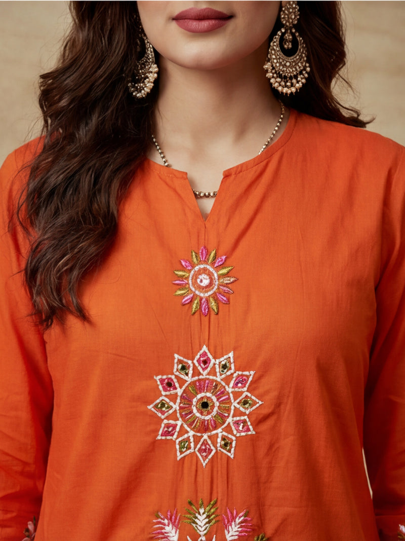 Embroidered Cotton Blend V-Neck Kurta & Trousers With Dupatta