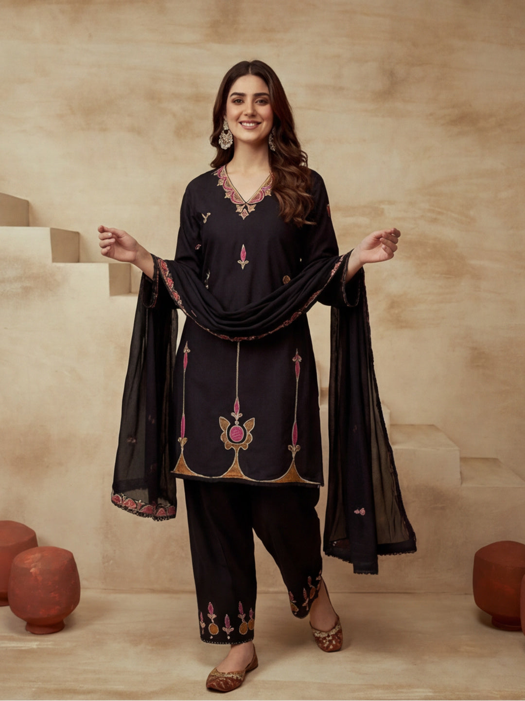 Printed Cotton Blend V-Neck Kurta & Trousers With Dupatta