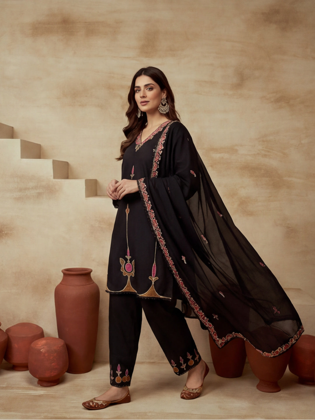 Printed Cotton Blend V-Neck Kurta & Trousers With Dupatta