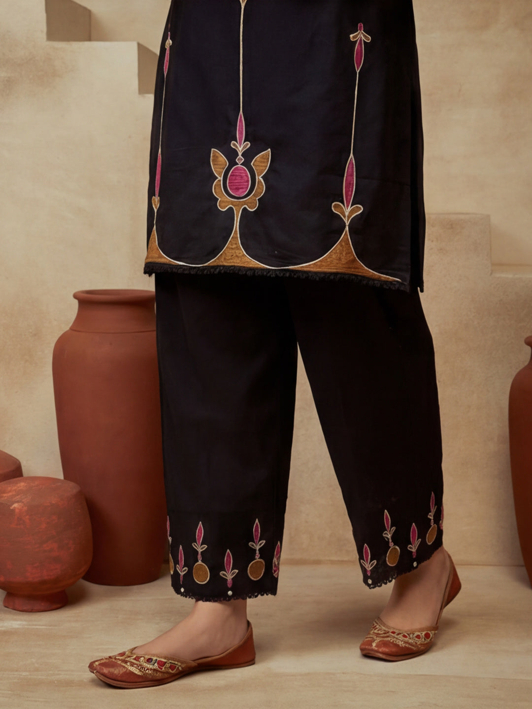 Printed Cotton Blend V-Neck Kurta & Trousers With Dupatta
