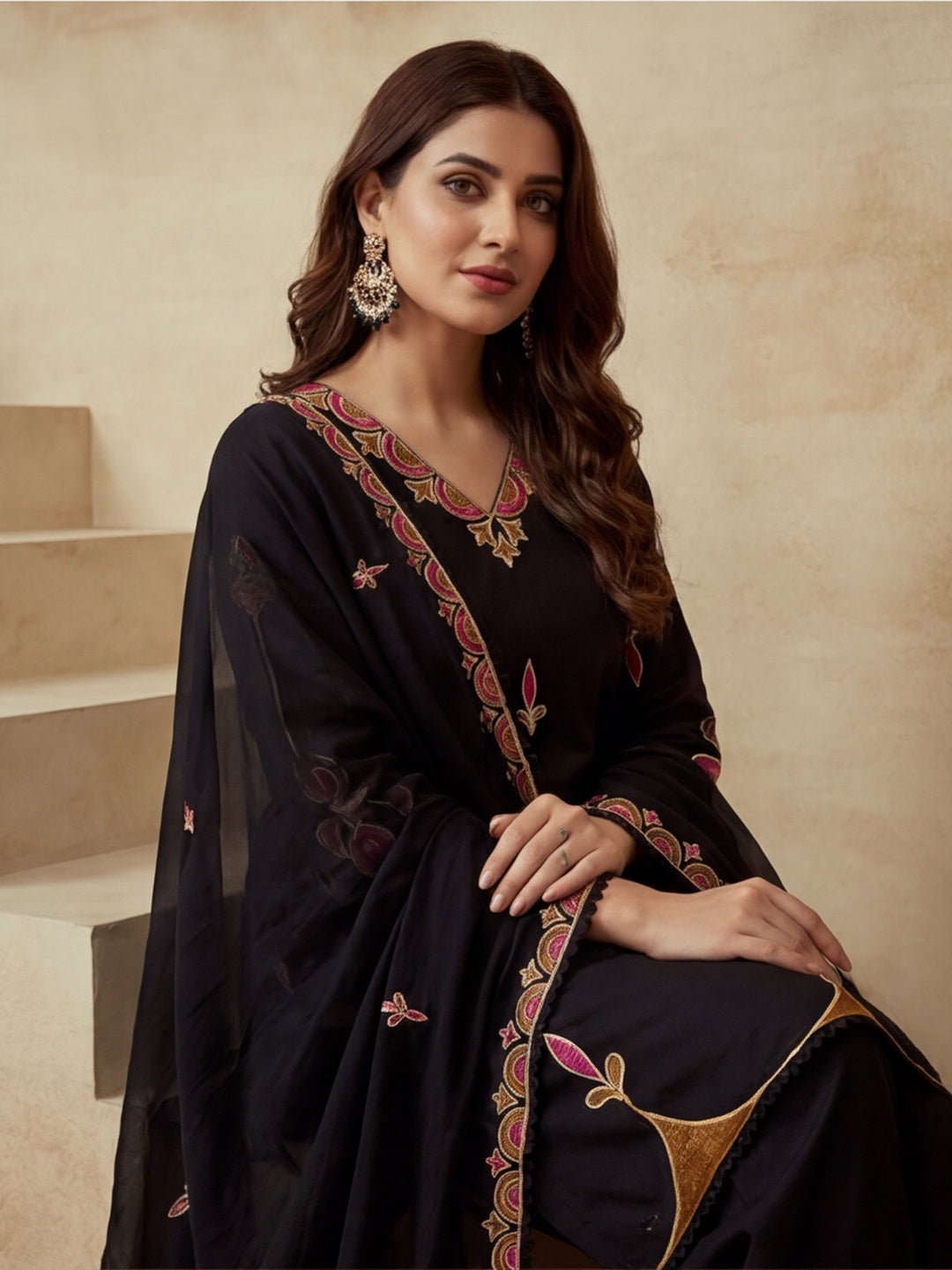 Printed Cotton Blend V-Neck Kurta & Trousers With Dupatta