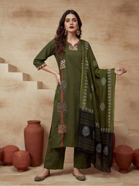 Printed Cotton Blend V-Neck Kurta & Trousers With Dupatta