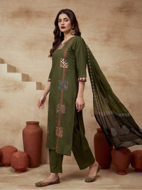 Printed Cotton Blend V-Neck Kurta & Trousers With Dupatta