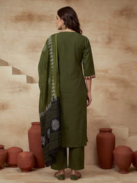 Printed Cotton Blend V-Neck Kurta & Trousers With Dupatta