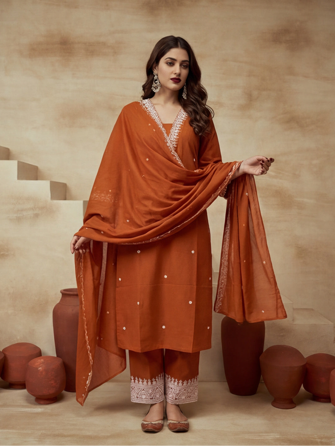 Embroidered V-Neck Kurta & Trousers With Dupatta