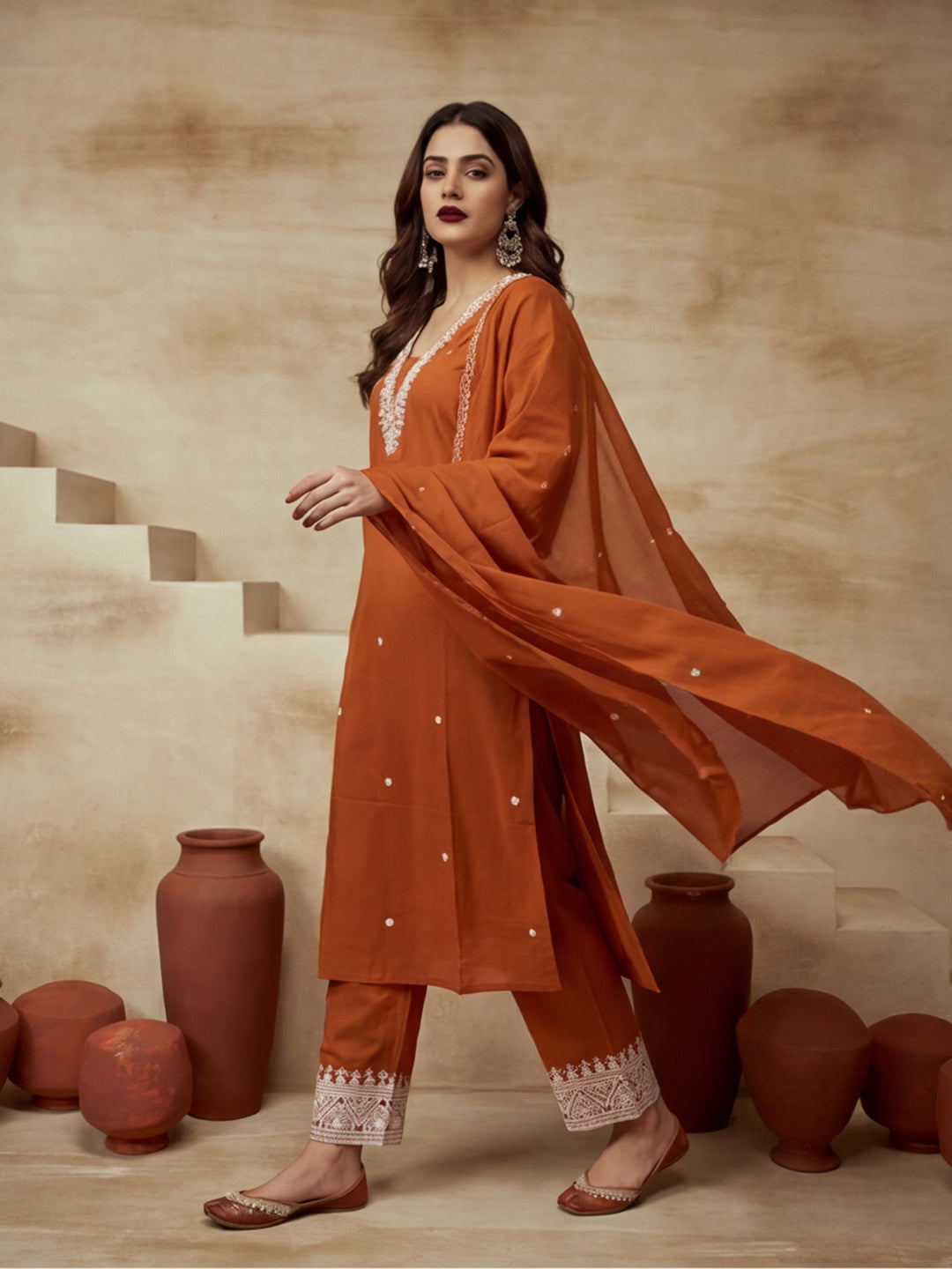 Embroidered V-Neck Kurta & Trousers With Dupatta