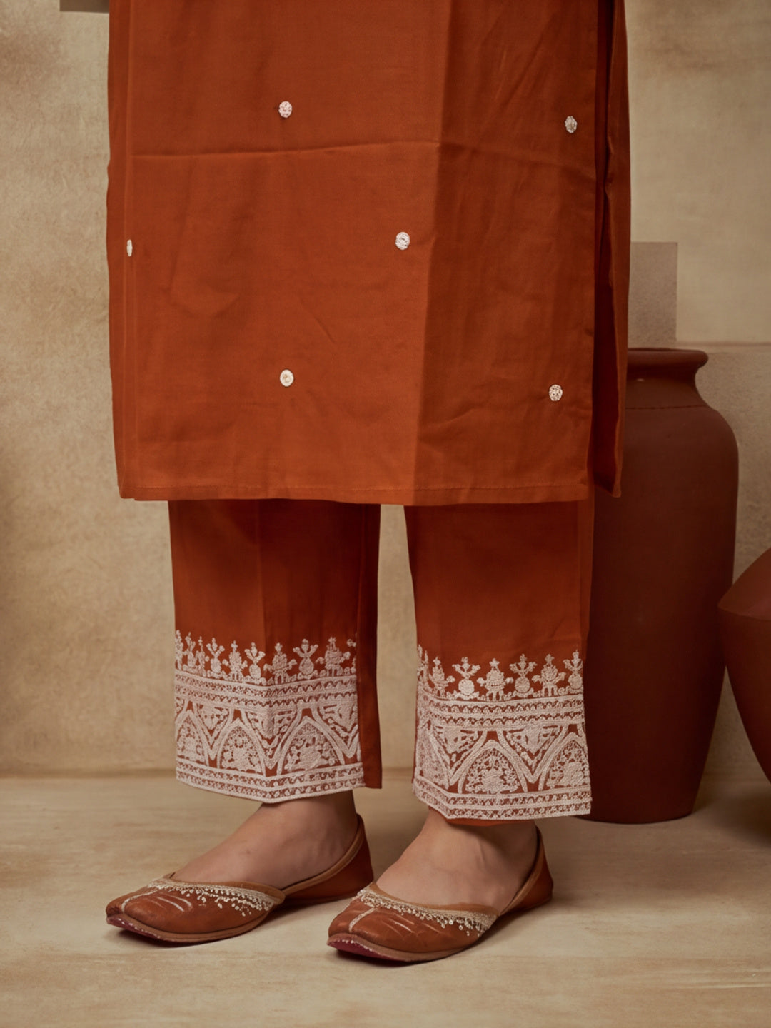 Embroidered V-Neck Kurta & Trousers With Dupatta