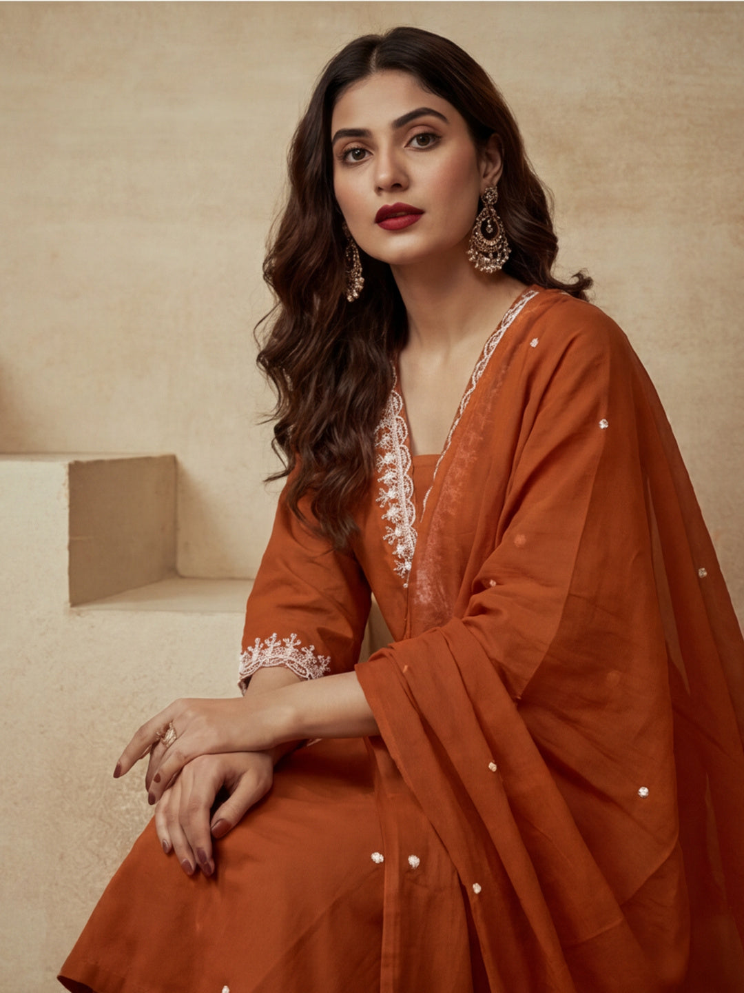 Embroidered V-Neck Kurta & Trousers With Dupatta