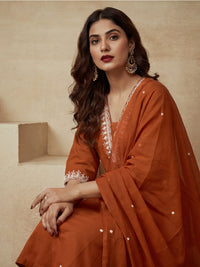 Embroidered V-Neck Kurta & Trousers With Dupatta