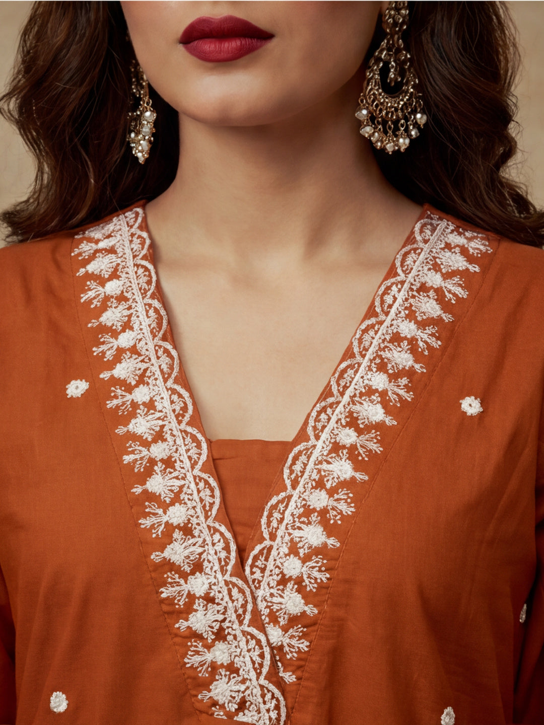 Embroidered V-Neck Kurta & Trousers With Dupatta