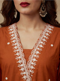 Embroidered V-Neck Kurta & Trousers With Dupatta