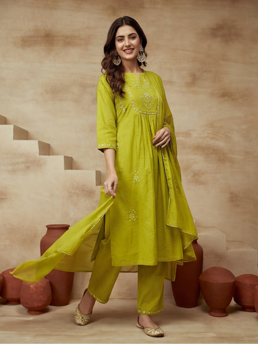 Embroidered Round Neck Kurta & Trousers With Dupatta