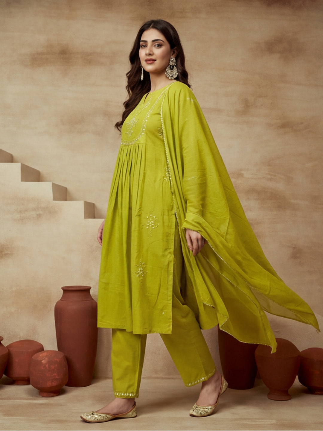 Embroidered Round Neck Kurta & Trousers With Dupatta