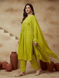 Embroidered Round Neck Kurta & Trousers With Dupatta