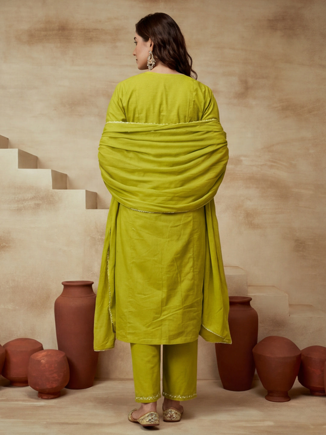 Embroidered Round Neck Kurta & Trousers With Dupatta