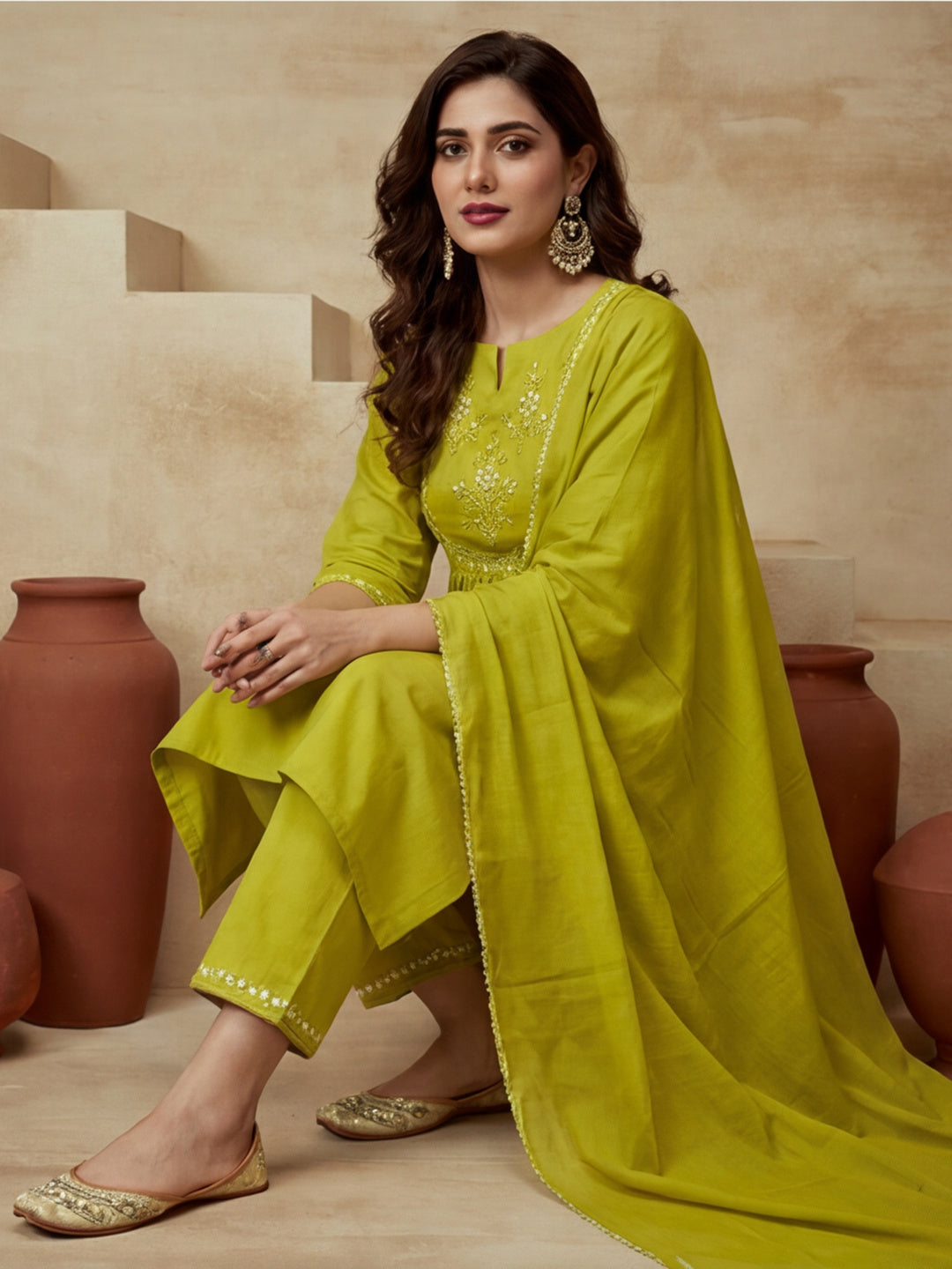 Embroidered Round Neck Kurta & Trousers With Dupatta