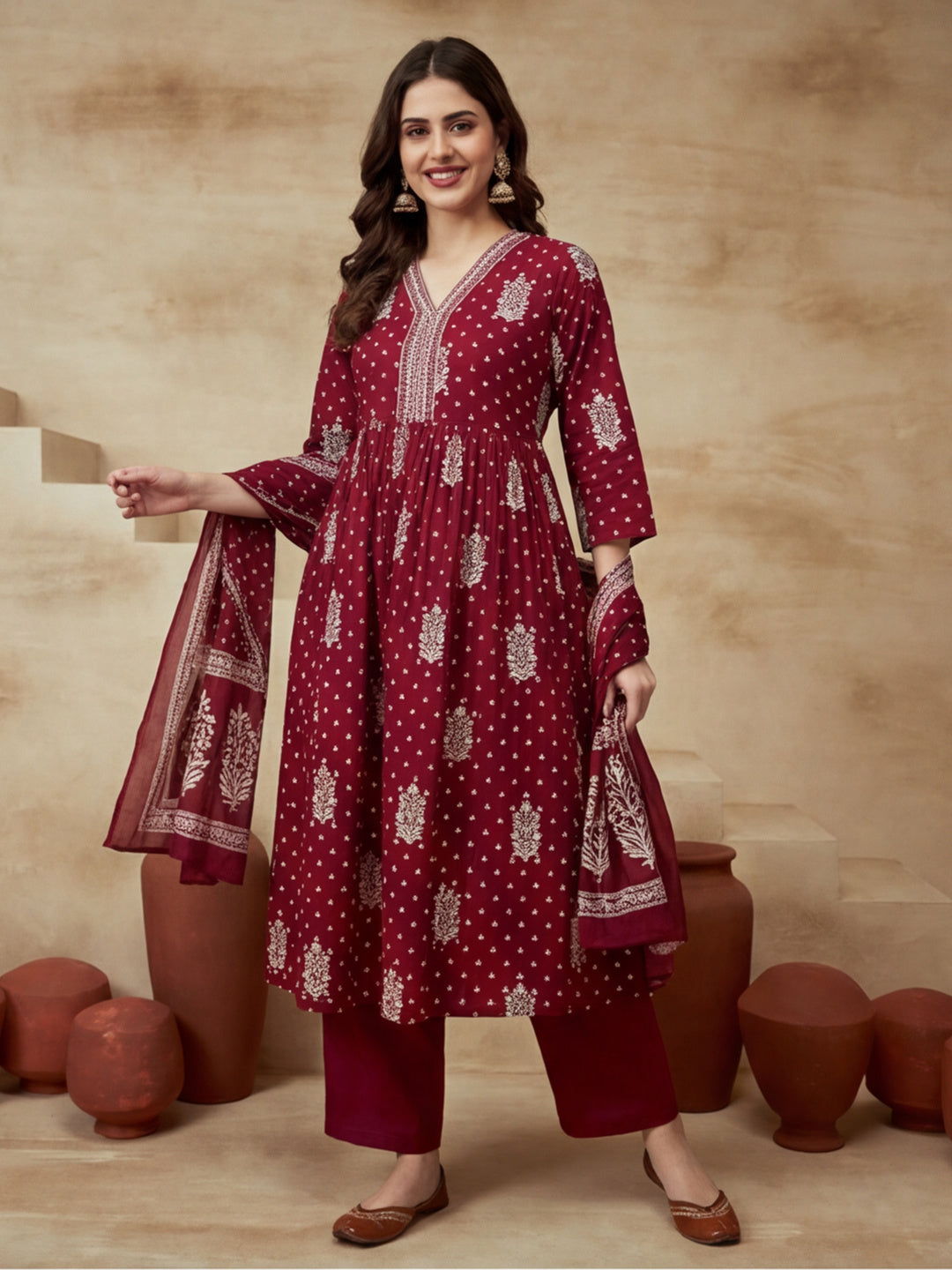 Embroidered Cotton Blend V-Neck Kurta & Trousers With Dupatta