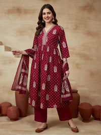 Embroidered Cotton Blend V-Neck Kurta & Trousers With Dupatta