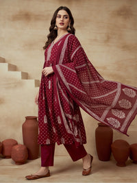 Embroidered Cotton Blend V-Neck Kurta & Trousers With Dupatta