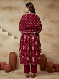 Embroidered Cotton Blend V-Neck Kurta & Trousers With Dupatta
