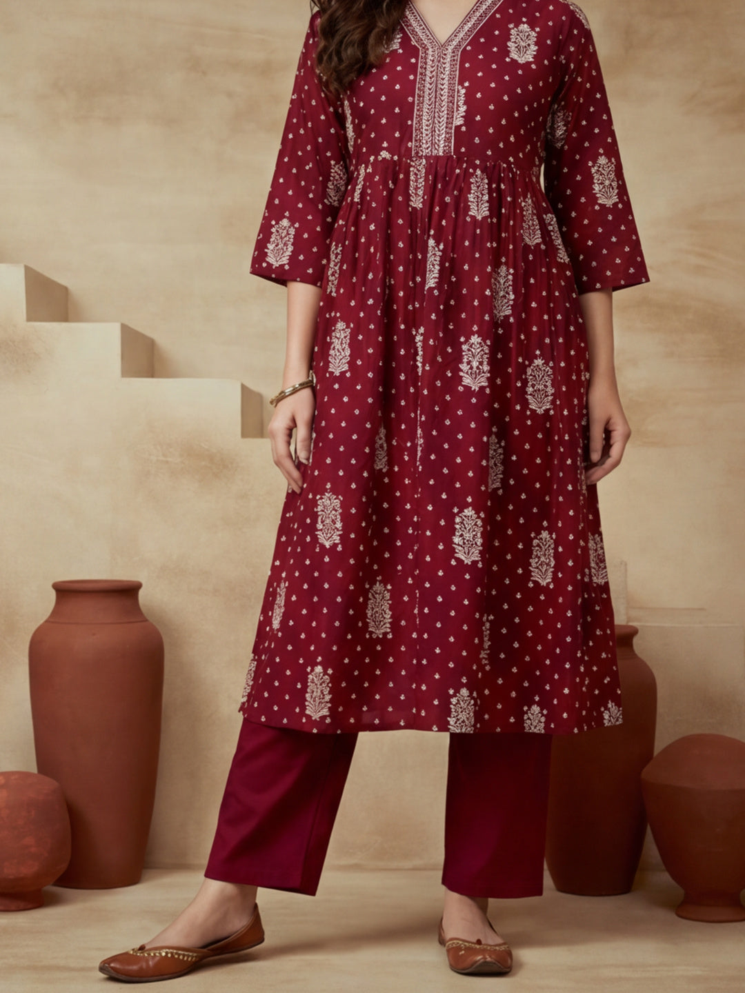 Embroidered Cotton Blend V-Neck Kurta & Trousers With Dupatta