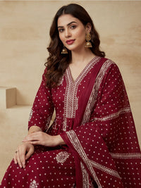 Embroidered Cotton Blend V-Neck Kurta & Trousers With Dupatta