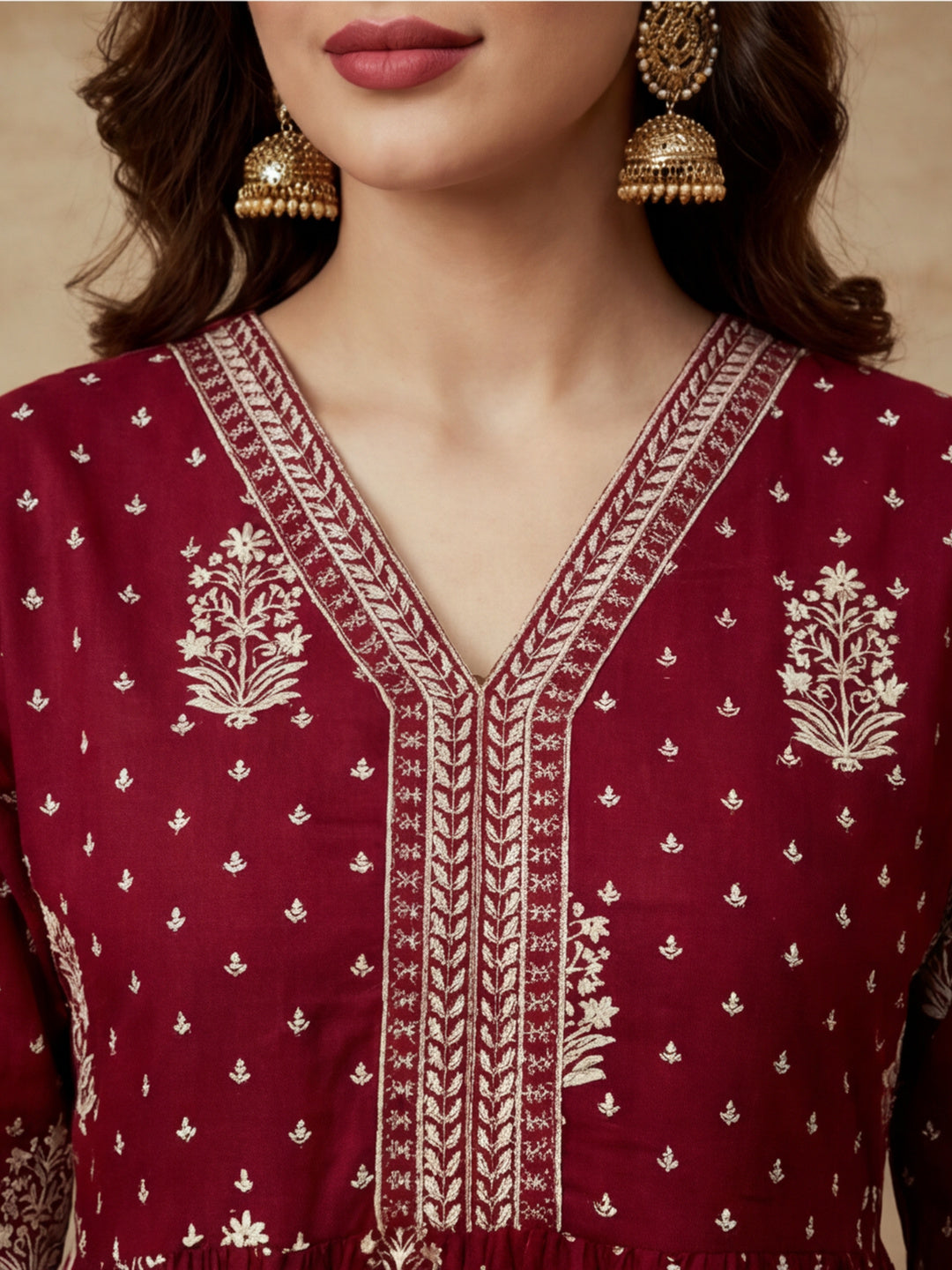Embroidered Cotton Blend V-Neck Kurta & Trousers With Dupatta