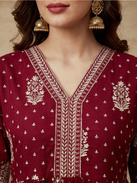 Embroidered Cotton Blend V-Neck Kurta & Trousers With Dupatta