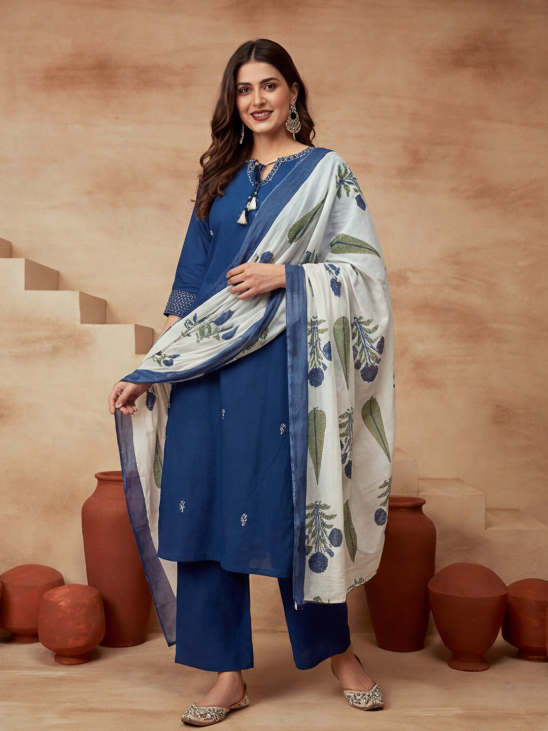 Embroidered Cotton Blend Keyhole Neck Kurta & Trousers With Dupatta