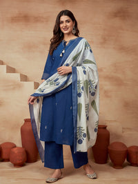 Embroidered Cotton Blend Keyhole Neck Kurta & Trousers With Dupatta