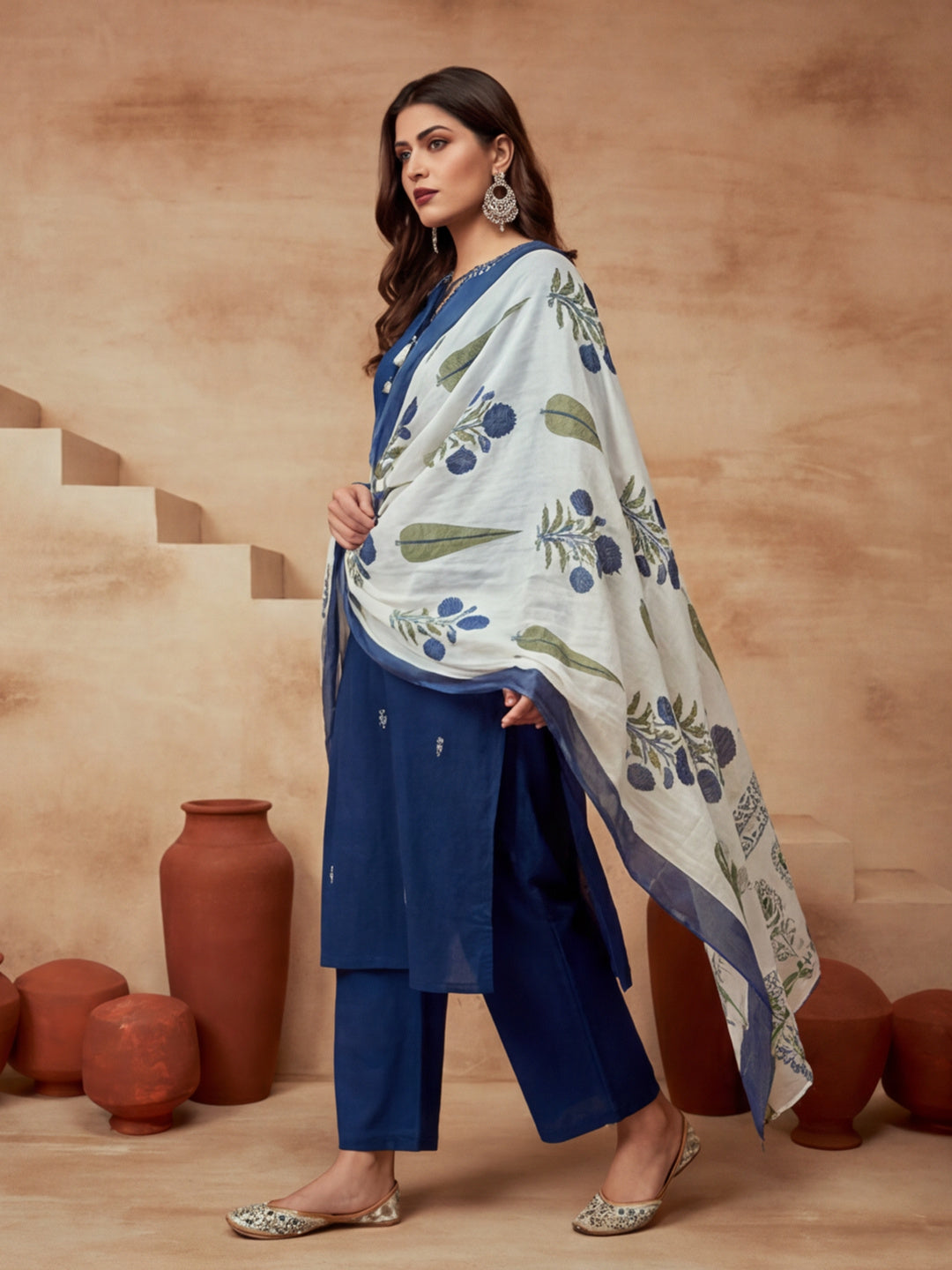 Embroidered Cotton Blend Keyhole Neck Kurta & Trousers With Dupatta