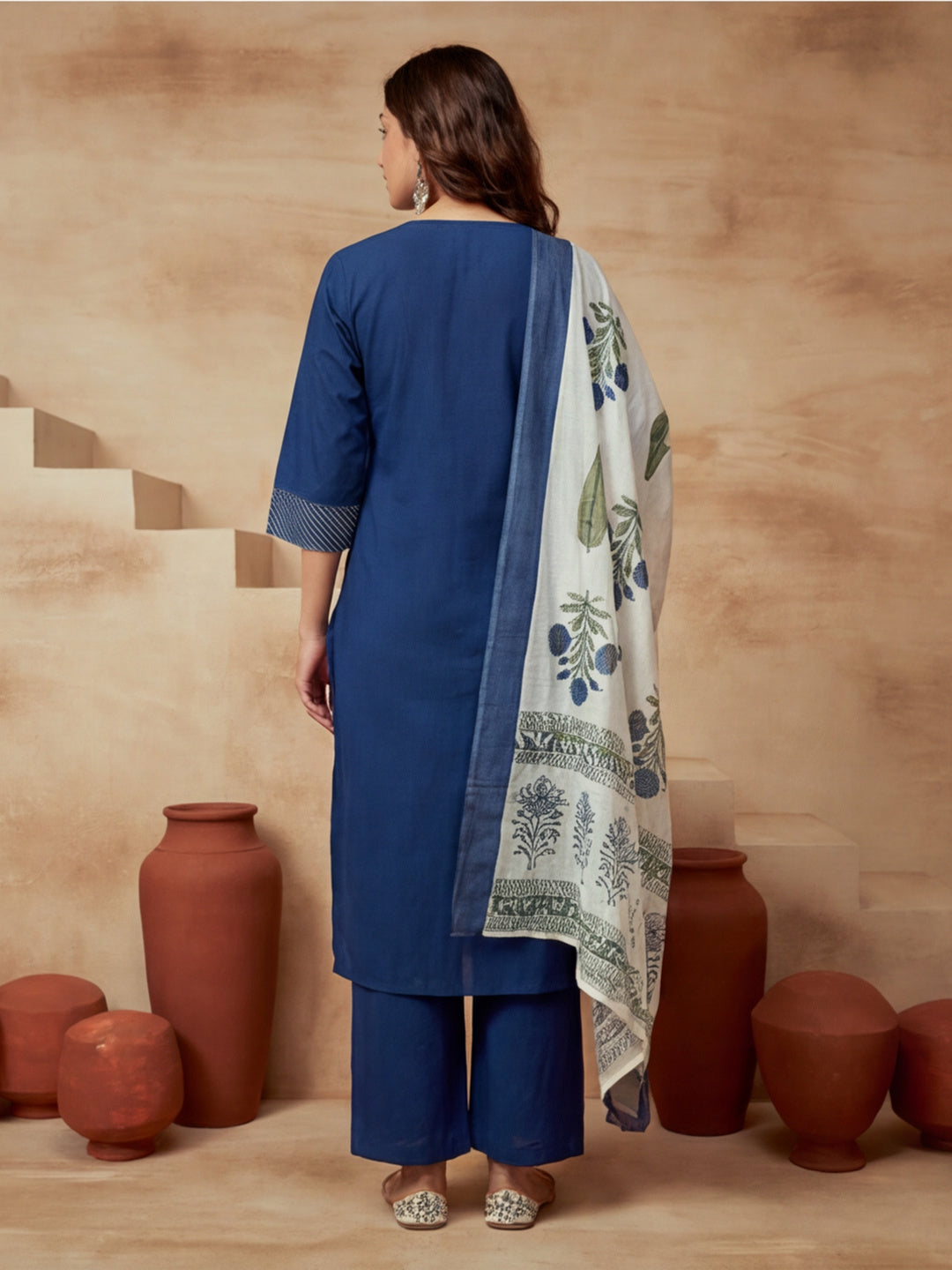 Embroidered Cotton Blend Keyhole Neck Kurta & Trousers With Dupatta