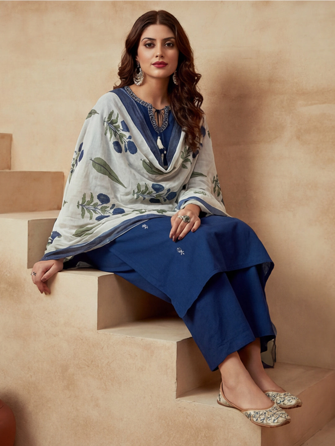Embroidered Cotton Blend Keyhole Neck Kurta & Trousers With Dupatta