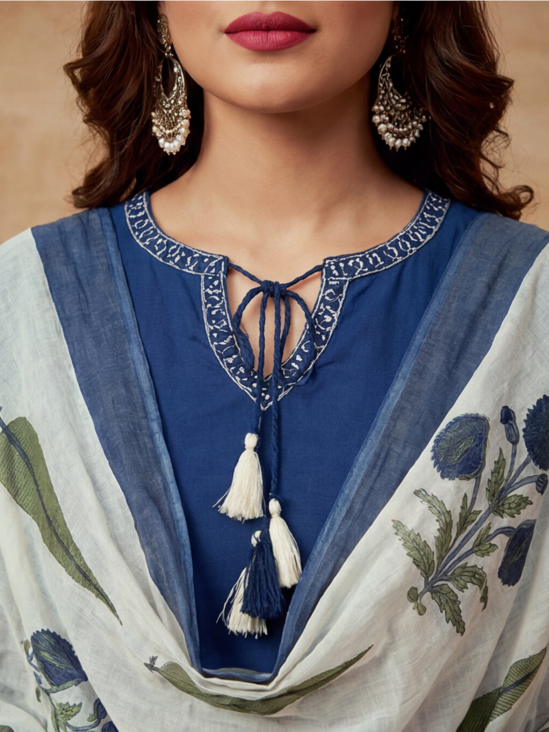 Embroidered Cotton Blend Keyhole Neck Kurta & Trousers With Dupatta