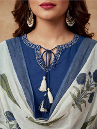 Embroidered Cotton Blend Keyhole Neck Kurta & Trousers With Dupatta