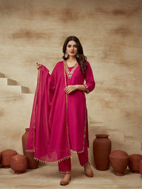 Embroidered Cotton Blend V-Neck Kurta & Trousers With Dupatta