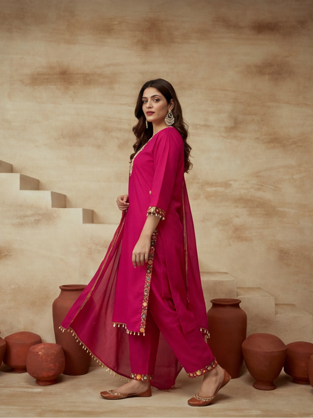 Embroidered Cotton Blend V-Neck Kurta & Trousers With Dupatta