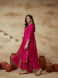 Embroidered Cotton Blend V-Neck Kurta & Trousers With Dupatta