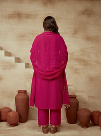 Embroidered Cotton Blend V-Neck Kurta & Trousers With Dupatta