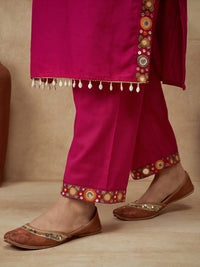 Embroidered Cotton Blend V-Neck Kurta & Trousers With Dupatta